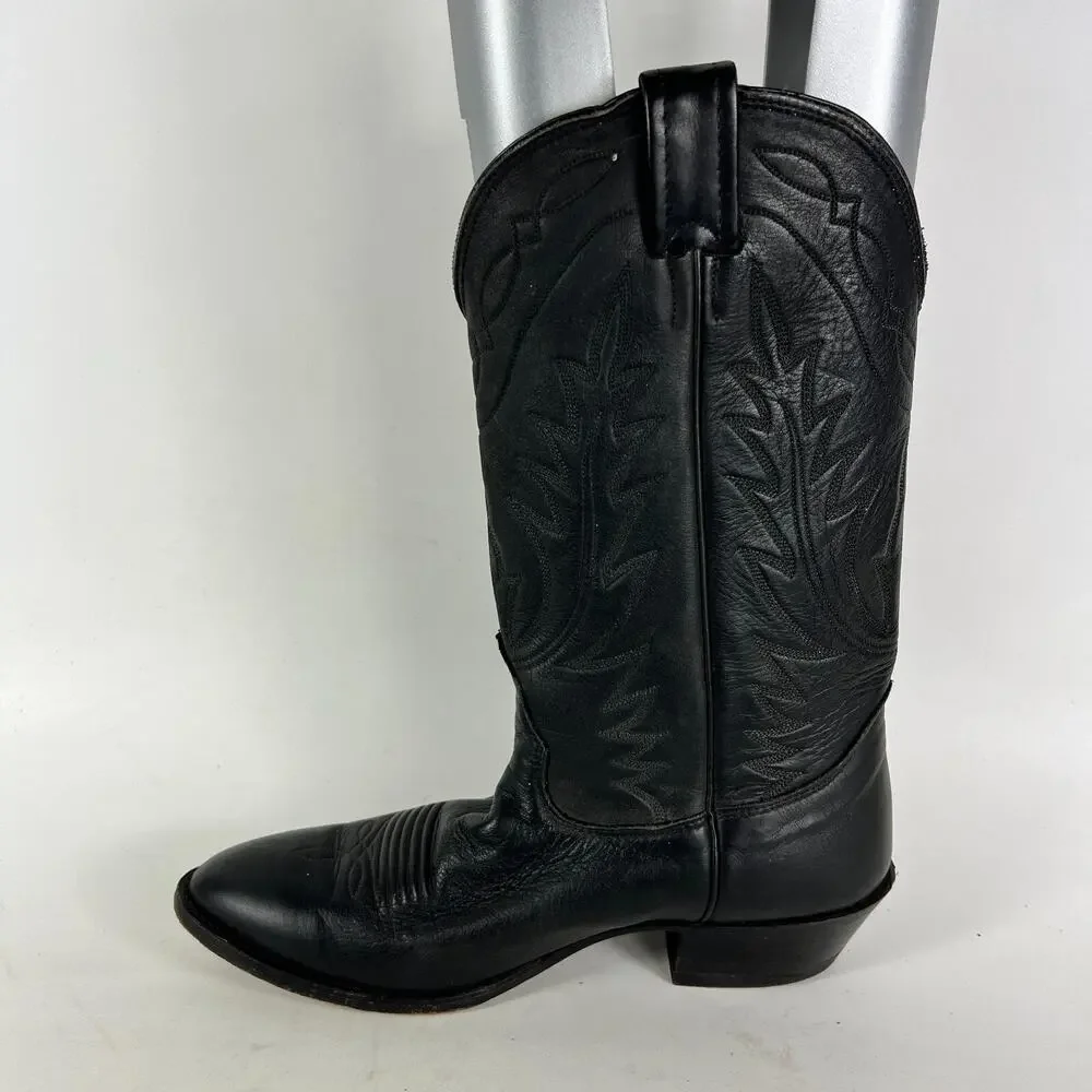 Nocona Cowboy Boots Men's 8 Black Leather Embroidery Stitch Mid-Calf Western